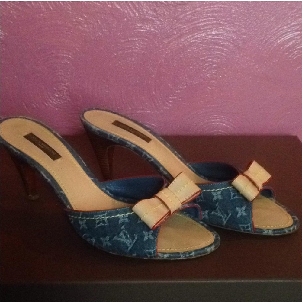 Louis Vuitton Denim Heels Mules Shoes Slides Bow - Picture 3 of 8